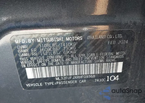 2024 Mitsubishi Mirage G4 Le from USA, damaged, VIN ML32FUFJXRHF09368